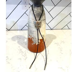 Vintage silver gold copper plated rose leaf leather braided metal tipped bolo